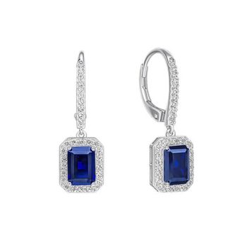 Diamonfire Sapphire Emerald Cut Halo Drop Earrings