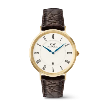 Daniel Wellington Gents Gold Dark Brown Croc Leather Strap Watch