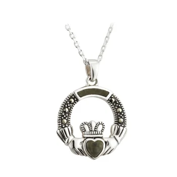 Sterling Silver Marble and Marcasite Claddagh Pendant