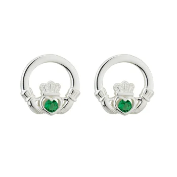 Sterling Silver Claddagh Studs with Emerald CZ Stone
