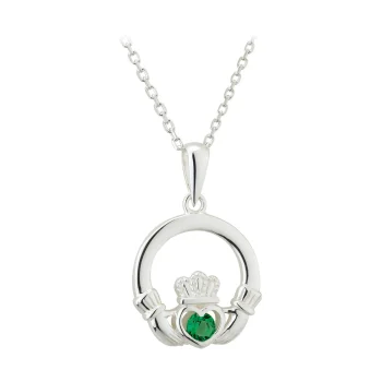 Sterling Silver Claddagh Pendant with Emerald CZ Stone