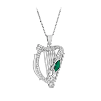 Sterling Silver Harp Pendant with Created Emerald