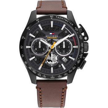 Tommy Hilfiger Gents Black Dial Brown Leather Strap Chronograph Watch