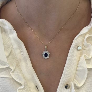 9ct Yellow Gold Lab Sapphire and Lab Diamond Oval Pendant
